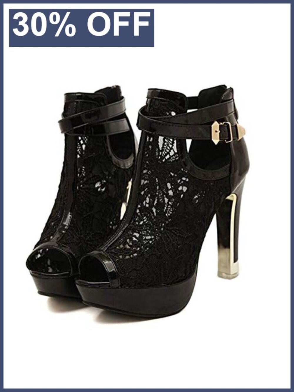 Lace Flowers Open Toe High Heel Ankle Boots Buckle Faux Leather